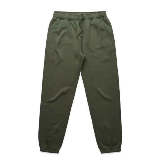 Olive green track pants with an elastic waistband and cuffs. Includes pockets and a drawstring. Features a logo.