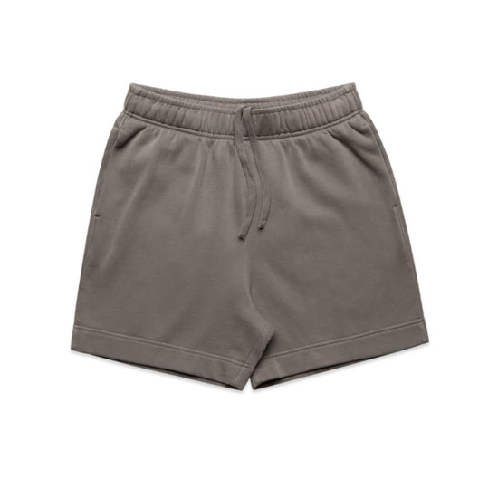 Faded grey track shorts with an elastic waistband and drawstring, featuring a logo.
