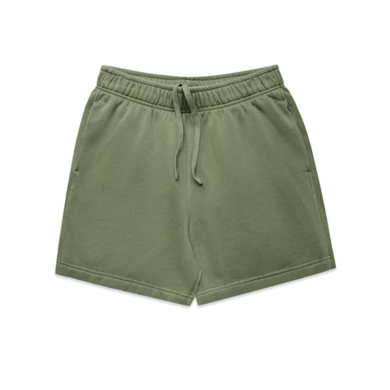 Faded green track shorts with an elastic waistband and drawstring, featuring two side pockets.