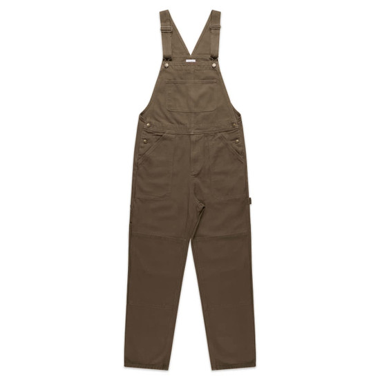 A pair of brown canvas overalls with adjustable straps and front pockets, featuring a branding logo.