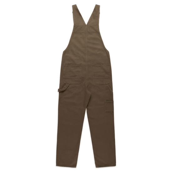 Canvas overalls in a dark brown colour with adjustable straps and multiple pockets. Features a brand logo.