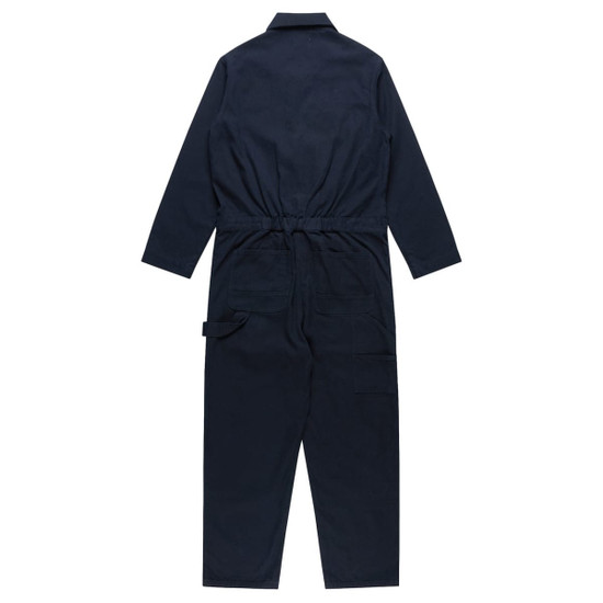 Navy blue canvas coveralls with long sleeves and a drawstring waist, featuring multiple pockets.
