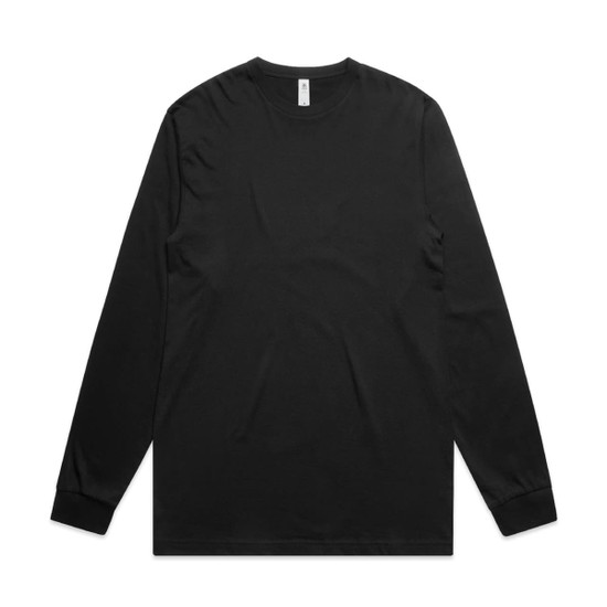 A black long-sleeve t-shirt featuring a simple design and a logo.
