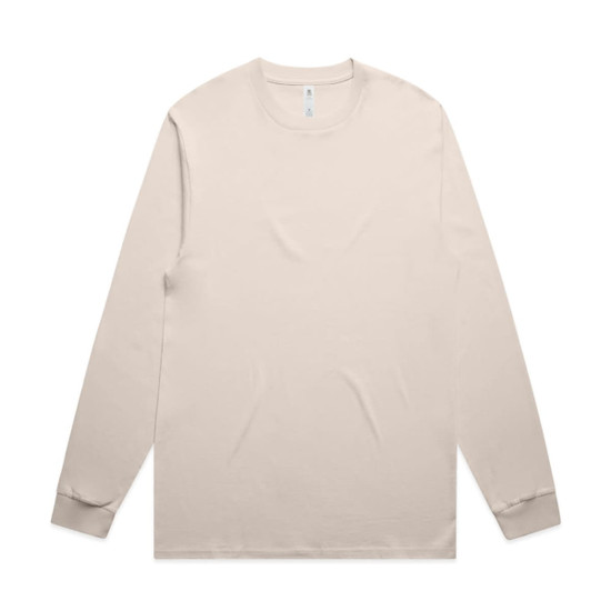 A beige long-sleeve t-shirt with a simple design and a logo, featuring a crew neck and fitted cuffs.