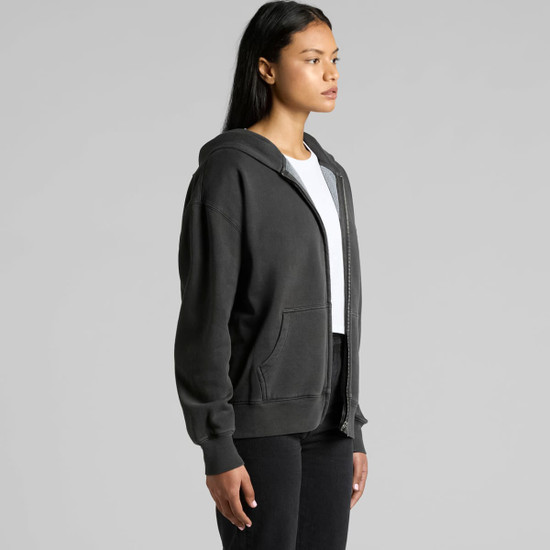 A dark grey zip hoodie features a hood and front pockets, with casual styling and a relaxed fit.