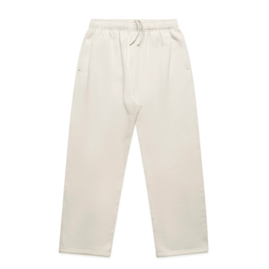Cuffless track pants in a light beige colour, featuring an elastic waistband and side pockets. Includes a logo.