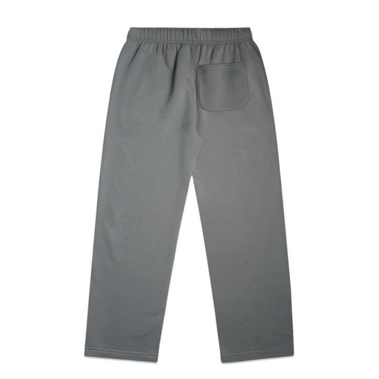 Cuffless track pants in grey, featuring an elastic waistband and a single back pocket.