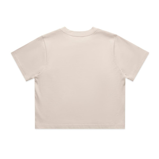 A cream-coloured cropped t-shirt with short sleeves and a plain back. It features a logo on the back.