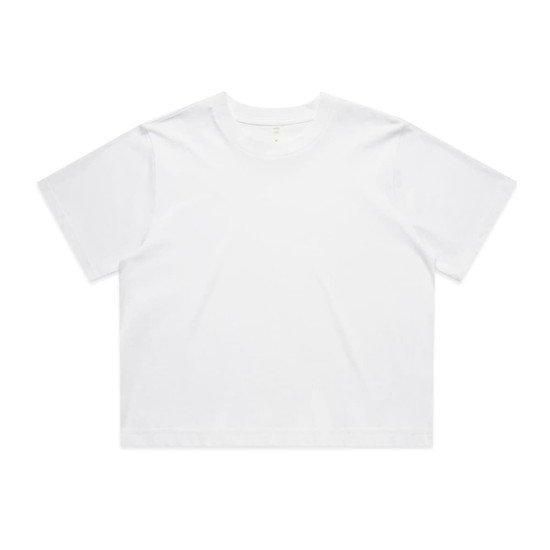 A white cropped t-shirt with a relaxed fit. It features short sleeves and a simple design, including a logo.
