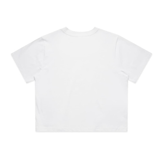 A white classic crop tee featuring a simple design and short sleeves, with a logo on the back.