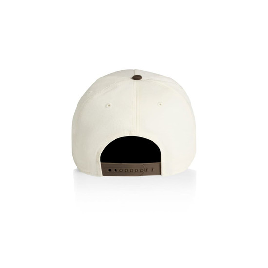 A two-tone cap in cream with a brown adjustable strap at the back and a button on top.