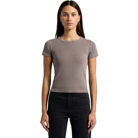 A fitted organic rib tee in a muted taupe colour, featuring short sleeves and a round neckline, shown on a model.