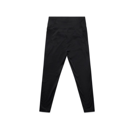 Black mid-rise leggings featuring a wide waistband and sleek design. Includes a logo on the waistband.
