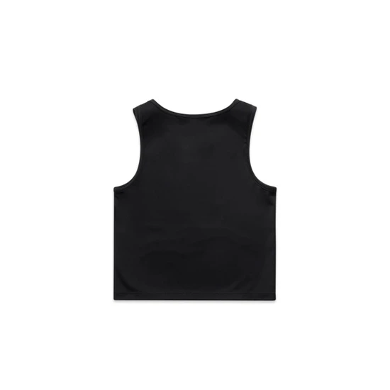 A black active crop tank with a simple design and a logo on the back.
