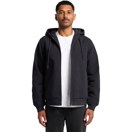A black canvas bomber hood jacket featuring a front zipper and drawstring hood, worn by a model.