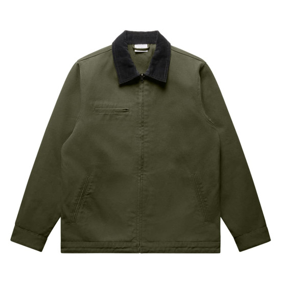 A green canvas cord collar jacket with a black collar, featuring a zip pocket. It has a simple, unbranded design.