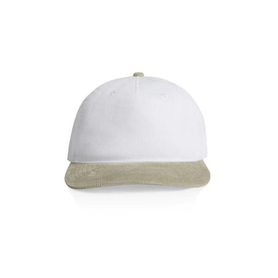 A two-tone cap featuring a white crown and a beige corduroy brim, with a logo on the front.