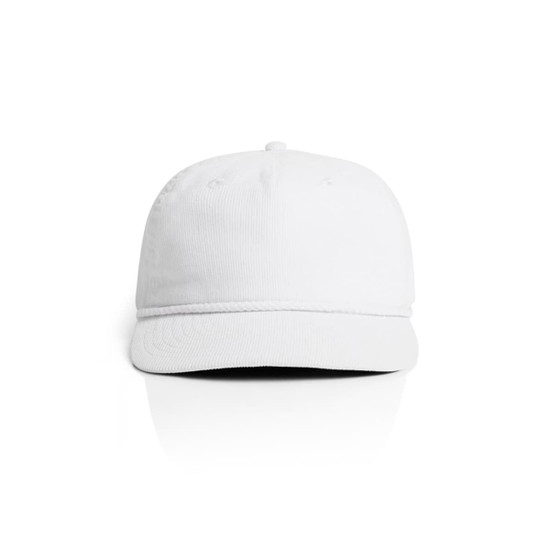 A white cap featuring a rope detailing along the brim, with a logo on the front.