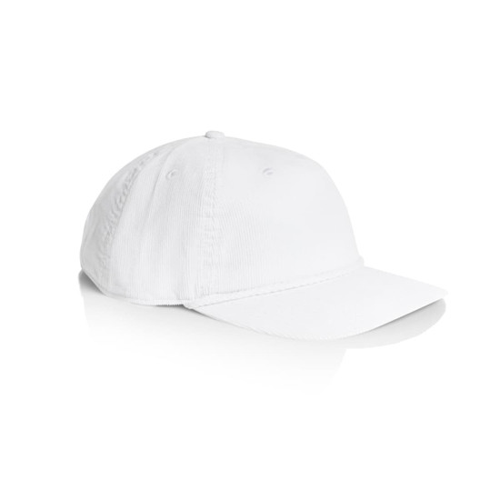 A white cap with a curved brim, featuring a logo on the front, displayed at an angle.