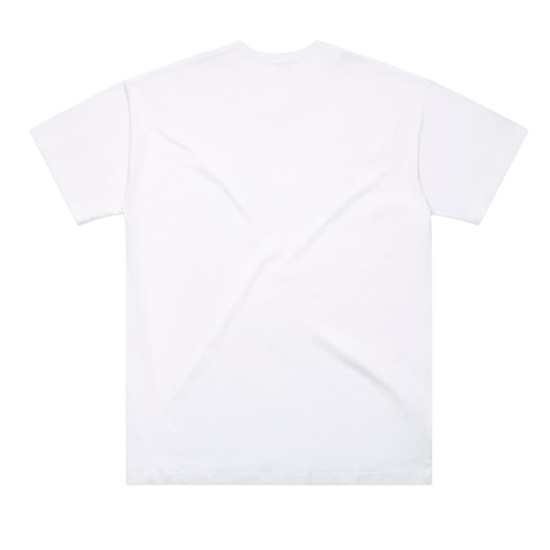 A plain white oversized t-shirt featuring a logo on the back. Suitable for casual wear.