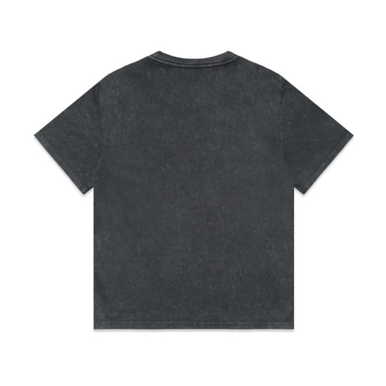 A dark grey heavy tee with a stone wash finish and short sleeves. The shirt features a logo.