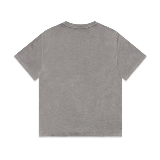 A grey stone wash heavy tee with short sleeves and a round neckline. The shirt features a logo on the back.