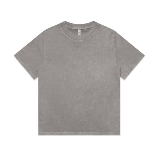 A grey stone wash heavy t-shirt featuring a casual design and a logo.