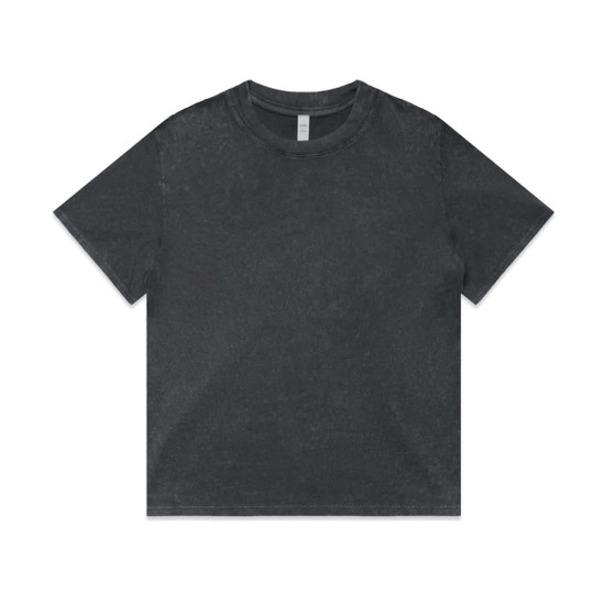 A grey stone wash heavy T-shirt with a classic crew neck and short sleeves, featuring a logo.