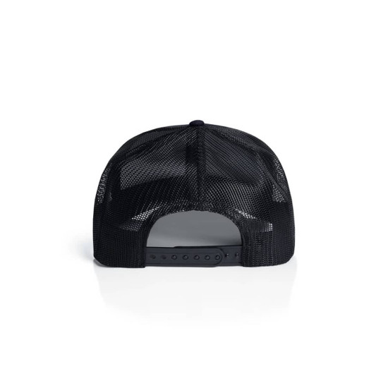 A black mesh trucker cap featuring a solid back with adjustable snap closure.