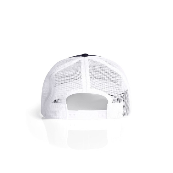 A white mesh trucker cap with a contrasting dark back and adjustable snap closure, featuring a logo.