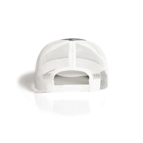 A white mesh trucker cap with a contrasting coloured front panel and an adjustable back.
