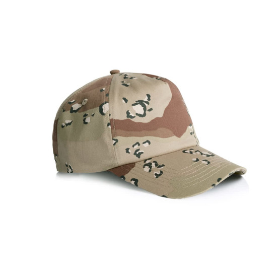 A soft camo cap in shades of beige and brown with a subtle camouflage pattern, featuring a logo on the front.