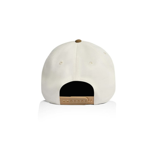 A two-tone camo cap featuring a cream-coloured exterior and a contrasting brown adjustable strap at the back.