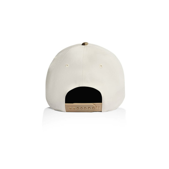 A two-tone camo cap featuring a cream and khaki colour scheme with an adjustable strap in the back.