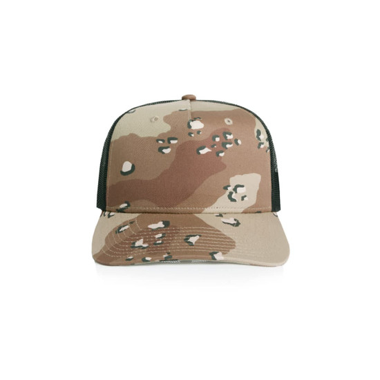A trucker cap featuring a contrast camo pattern in earthy tones of beige, brown, and green, with a mesh back.