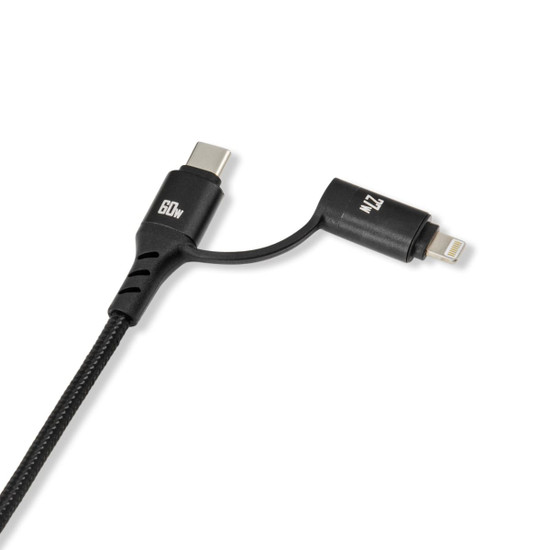 A black charging cable with USB-C and Lightning connectors, featuring a braided design for durability.