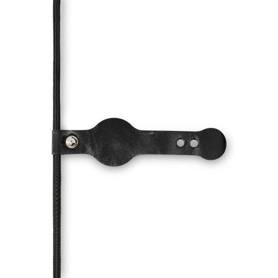 A black charging cable with a leather strap for organisation, featuring a logo on the strap.