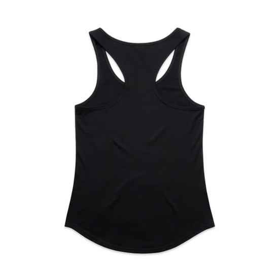 A black racerback singlet with a curved hem and a logo on the back.