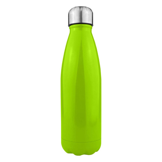 A drink bottle in bright green stainless steel with a shiny silver lid and a branding logo.