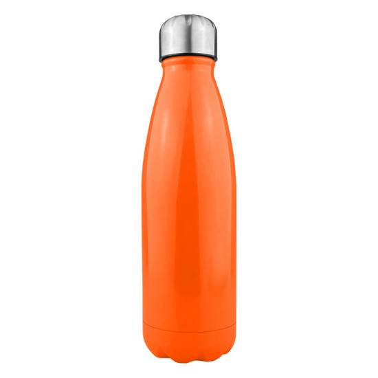 A drink bottle in shiny orange stainless steel with a silver cap, featuring a sleek and modern design.