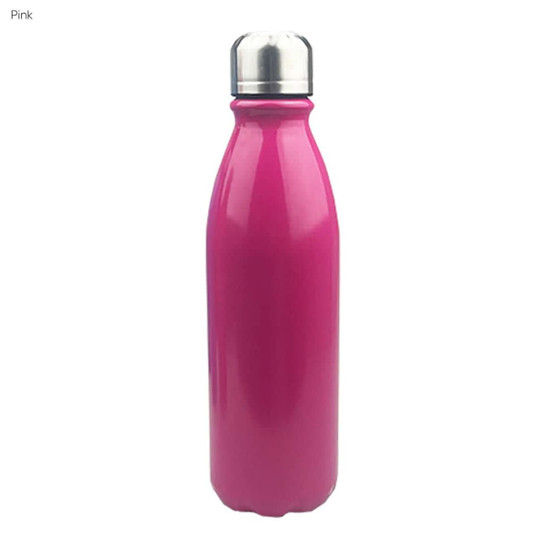 A pink aluminium drink bottle with a silver lid and a sleek, shiny finish. It features a logo on the side.