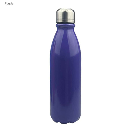 A shiny purple aluminium drink bottle with a stainless steel cap, featuring a logo.