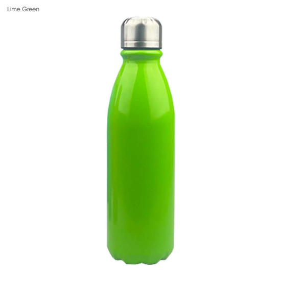 A drink bottle in lime green with a shiny aluminium finish and a silver cap, featuring a logo.