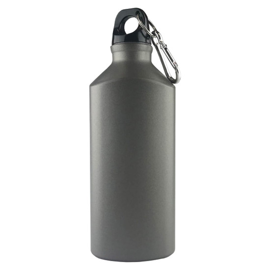 A drink bottle in a sleek grey finish, featuring a secure lid and a carabiner for easy attachment.