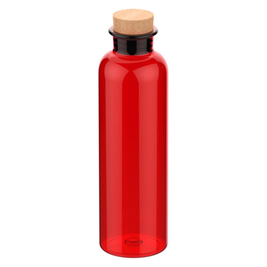 A drink bottle in vibrant red with a cork stopper and a sleek design. It features a logo on the body.