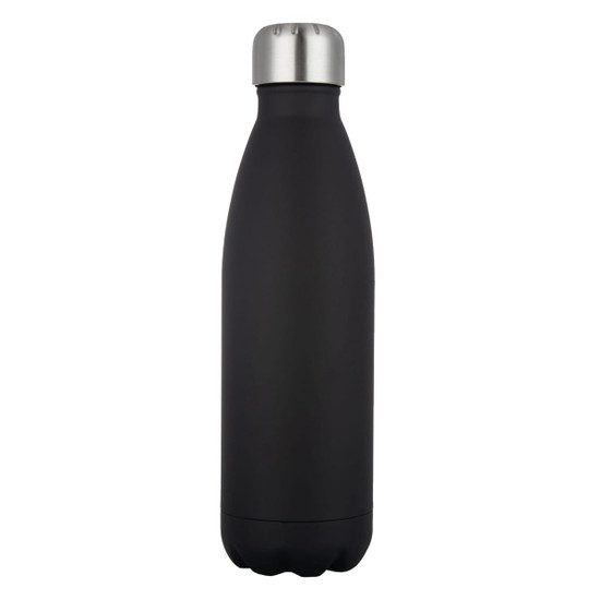 A drink bottle in sleek black with a stainless steel lid and a matte finish, featuring a logo.