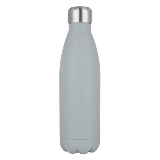 A drink bottle in a matte grey finish with a stainless steel cap and a sleek design. Features a logo.