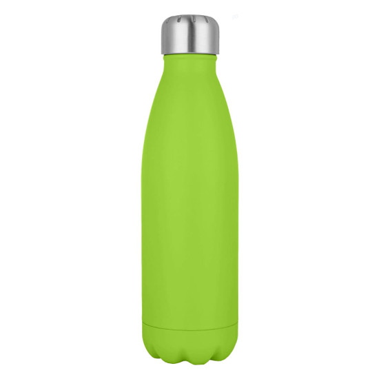 A drink bottle in bright green with a silver cap, featuring a sleek, modern design and a logo.
