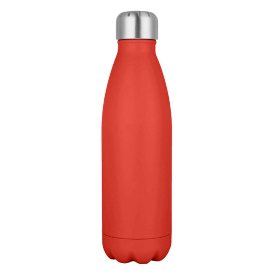 A drink bottle in bright red with a stainless steel cap and a smooth matte finish. It features a logo on the surface.
