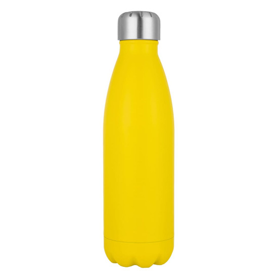 A drink bottle in bright yellow with a stainless steel cap and a sleek, curved design.